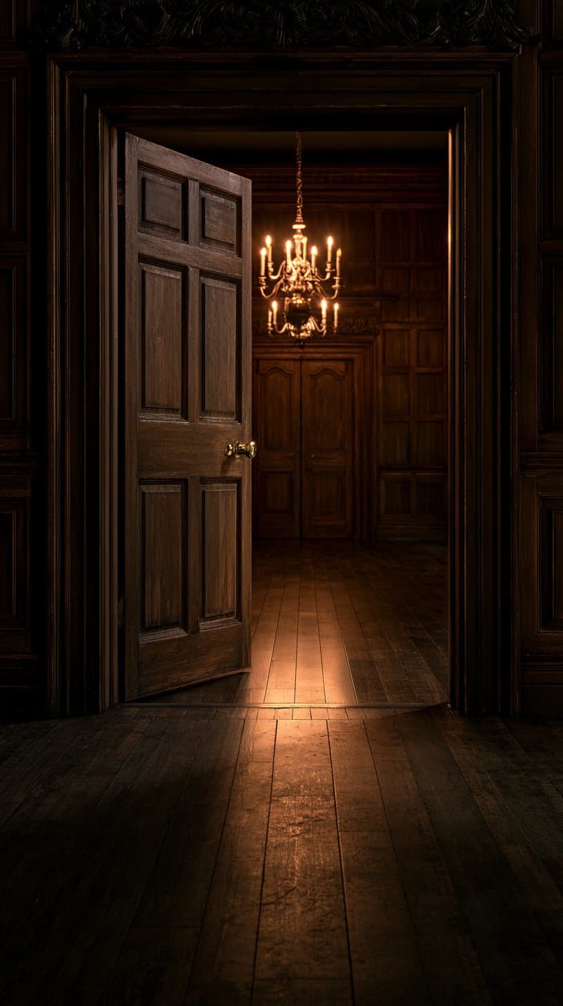 An open paneled door into a warm candlelit room, seen from a dark hallway