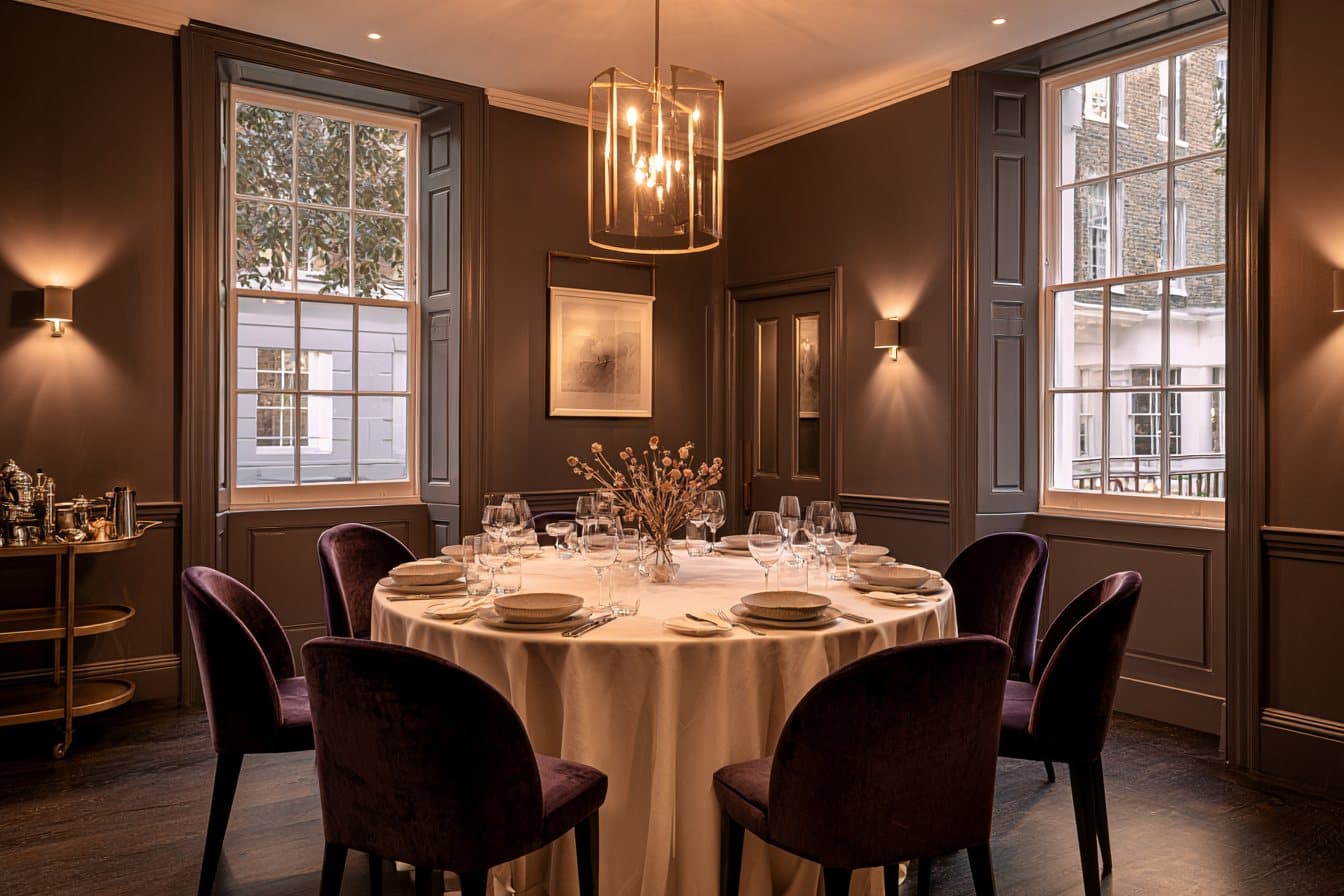 A dining room in soft morning daylight, set with cream linen, pale ceramics and coffee