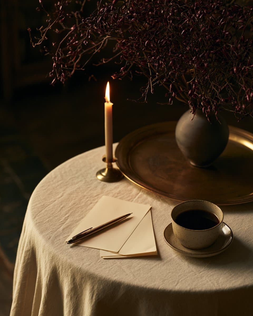 A round table with a lit candle, a folded place card, a pen, a cup of coffee and a brass tray