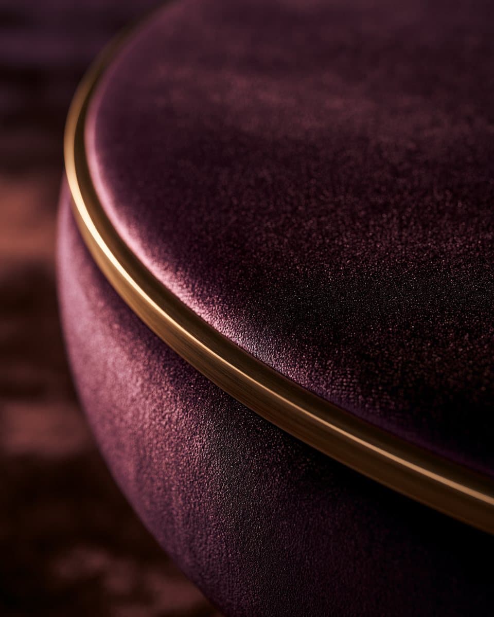 Close detail of deep aubergine velvet pile catching low, raking, warm light